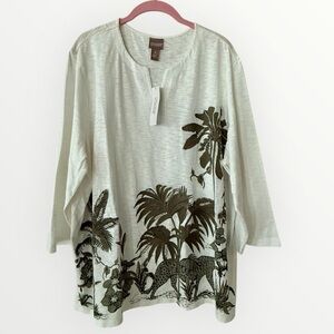 🆕 Chico's embroidered jungle toile
3-qtr sleeve tunic top *NWT* $59.95 size: XXL